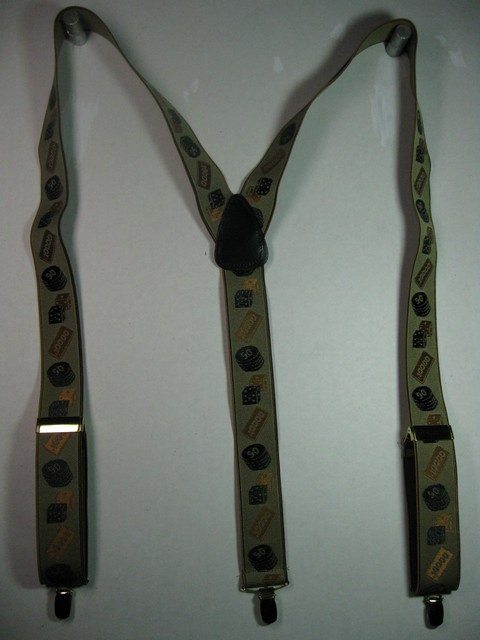 CASINO DESIGN WITH TAN ON BLACK OR GOLD ON TAN BACKGROUND "Y" STYLE 1 1/3" X 48" DELUXE SUSPENDERS-Cotton/Polyester Hand Washable-Hang to Dry Material.WITH GOLD GRIPS AND ADUSTERS    YD-CAS76B48#143g